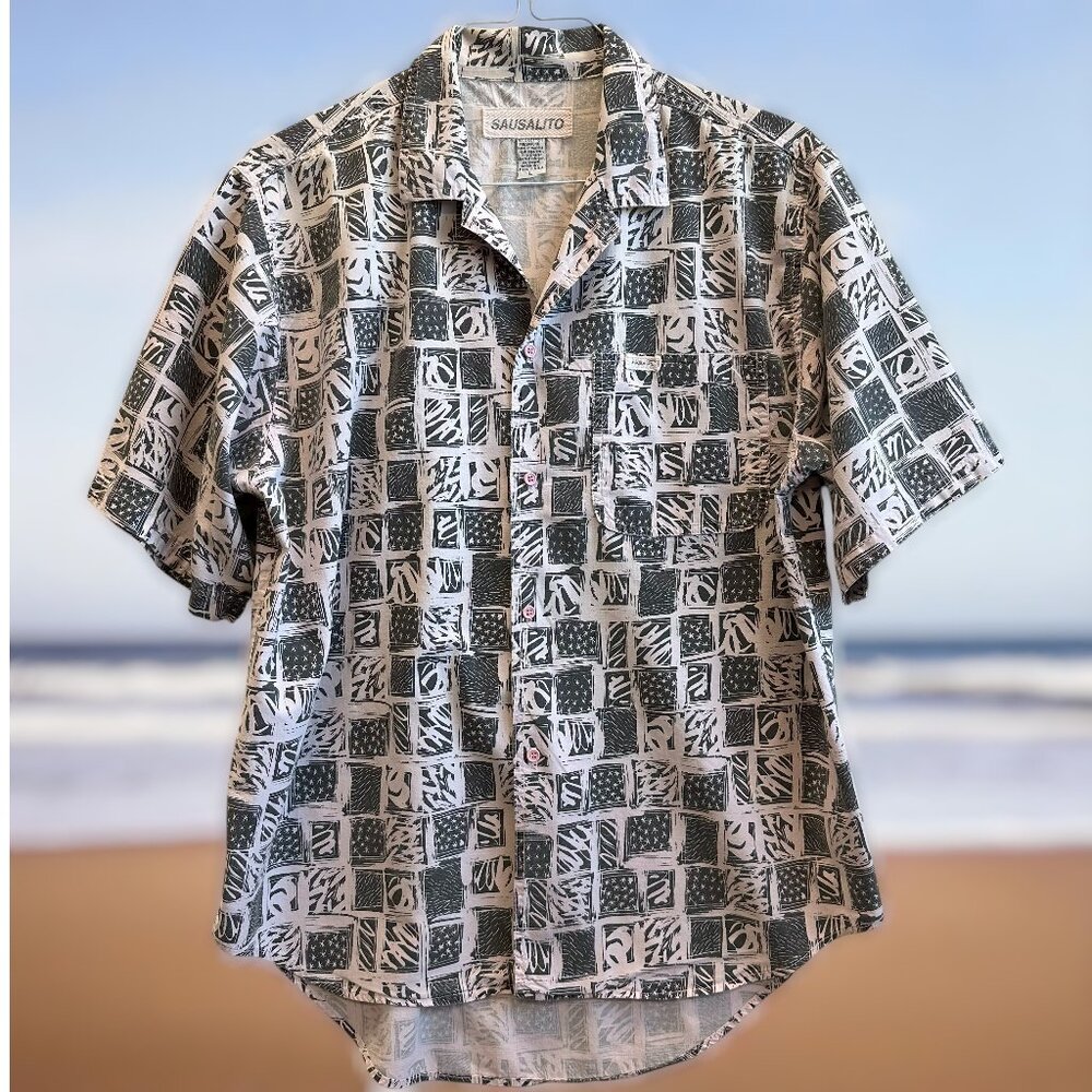 Vintage 80s 90s Sausalito Hawaiian‎ Shirt Made in USA Geometric Cotton L